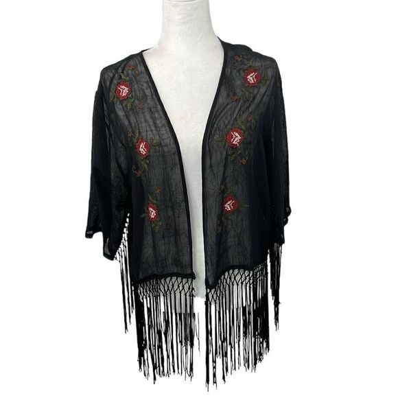 F21 Gothic Open Front Lightweight Romantic Kimono Embroider Fringe Black Large - Picture 1 of 9